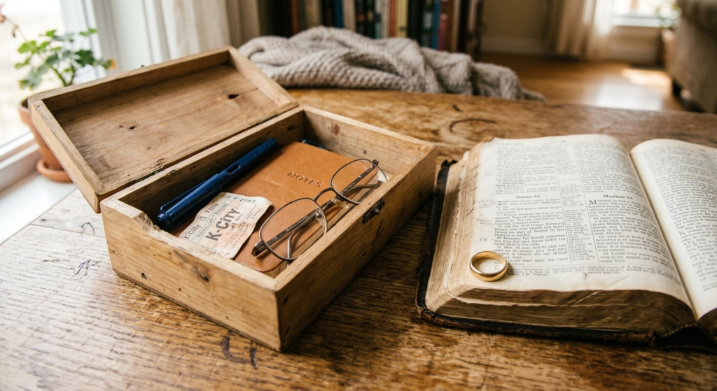 An open vintage Bible next to an open wooden storage box containing a notebook, reading glasses, and a blue pen.