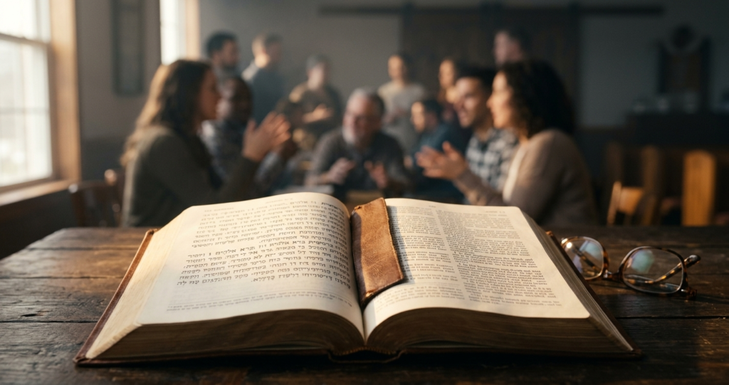 Open Bible illuminated by morning light on a wooden table, with a blurred group of people conversing in the background.