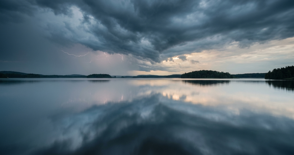 A lightning strike flashes over a calm lake, reflecting turbulent storm clouds and forested islands under dramatic light.