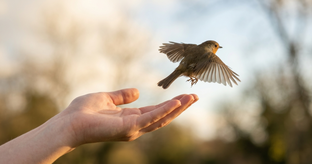 A gentle human hand releasing a small bird into flight against a soft, golden sky, symbolizing peace and letting go.
