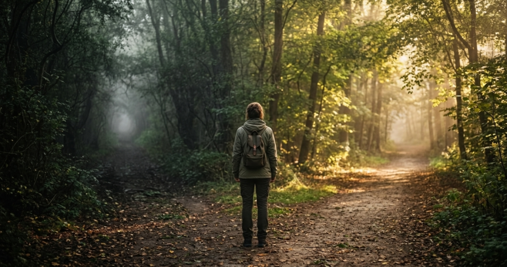 A lone figure with a backpack standing at a fork in a misty forest, seen from behind